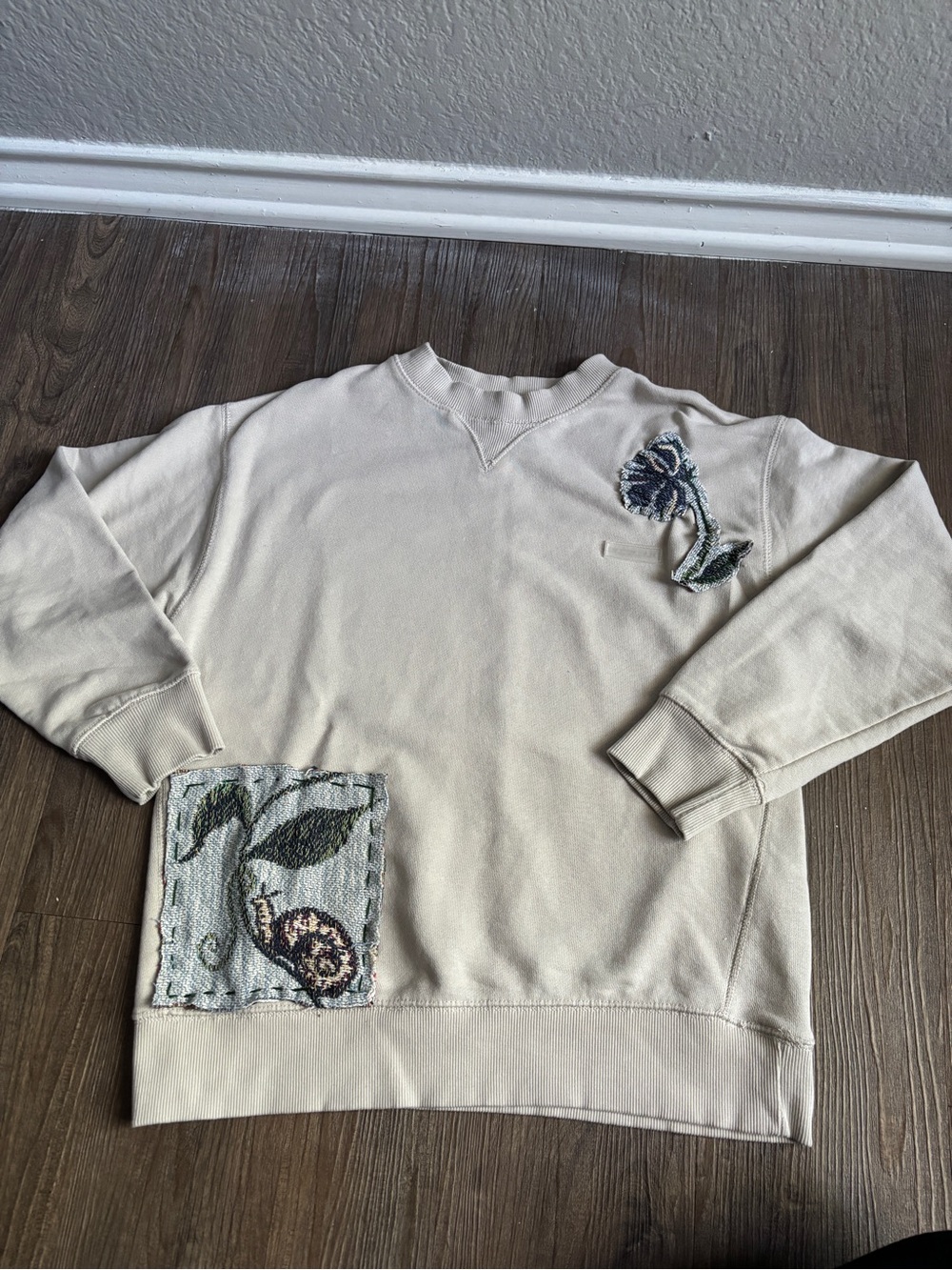 Upcycled DIY Zara kids cream crewneck with tapestry accents size 9-10